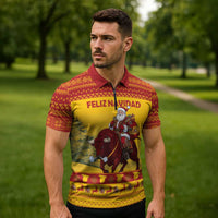 Personalized Spain Christmas Zipper Polo Shirt Santa Riding Red Bull Feliz Navidad - Wonder Print Shop