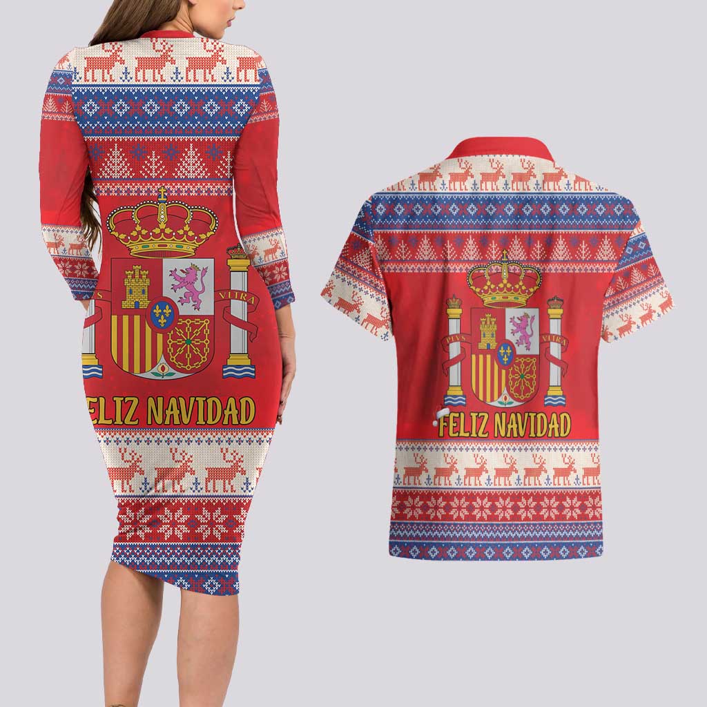 Spain Coat Of Arms Christmas Couples Matching Long Sleeve Bodycon Dress and Hawaiian Shirt Feliz Navidad - Wonder Print Shop