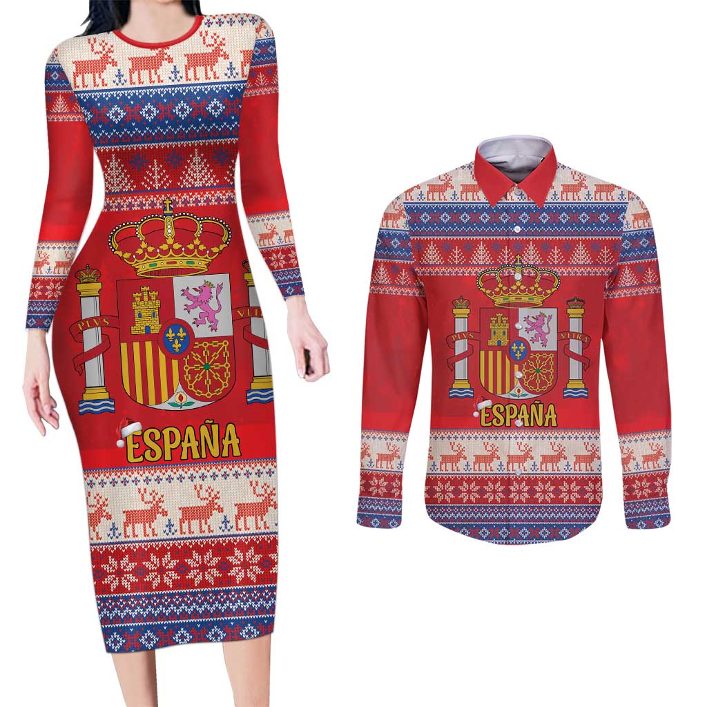 Spain Coat Of Arms Christmas Couples Matching Long Sleeve Bodycon Dress and Long Sleeve Button Shirt Feliz Navidad - Wonder Print Shop