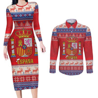 Spain Coat Of Arms Christmas Couples Matching Long Sleeve Bodycon Dress and Long Sleeve Button Shirt Feliz Navidad - Wonder Print Shop
