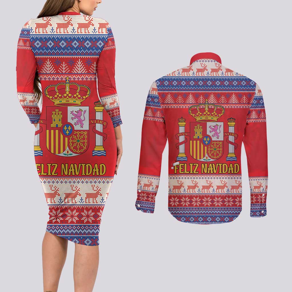 Spain Coat Of Arms Christmas Couples Matching Long Sleeve Bodycon Dress and Long Sleeve Button Shirt Feliz Navidad - Wonder Print Shop