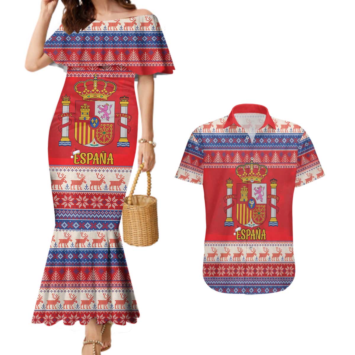 Spain Coat Of Arms Christmas Couples Matching Mermaid Dress and Hawaiian Shirt Feliz Navidad - Wonder Print Shop