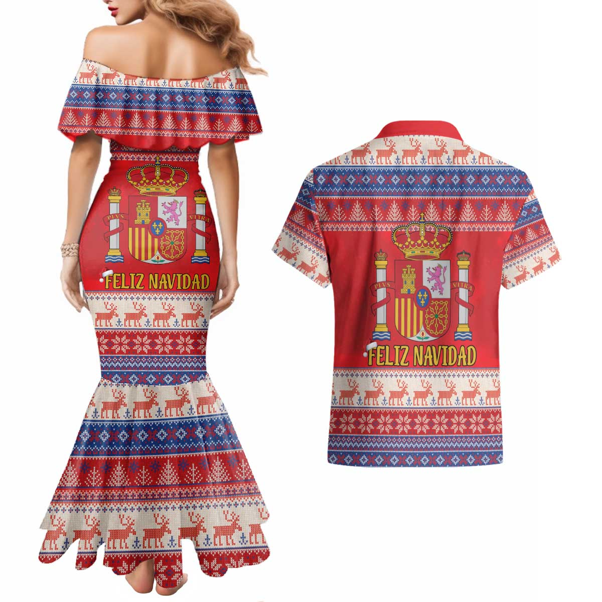 Spain Coat Of Arms Christmas Couples Matching Mermaid Dress and Hawaiian Shirt Feliz Navidad - Wonder Print Shop