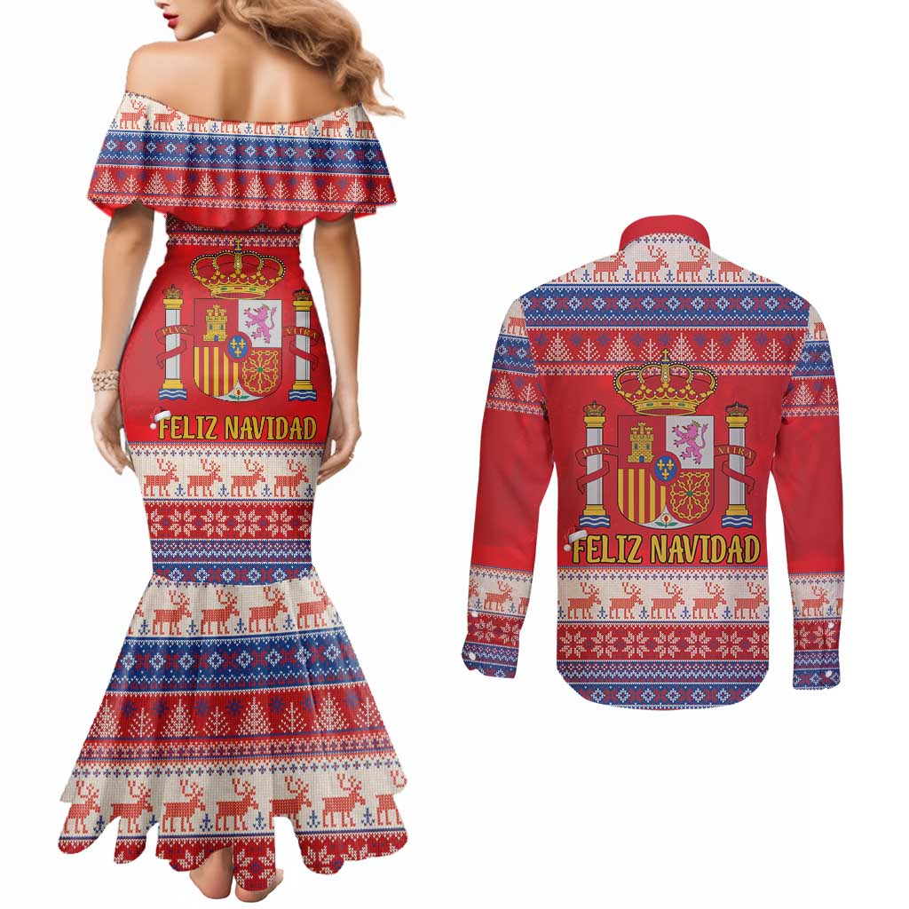 Spain Coat Of Arms Christmas Couples Matching Mermaid Dress and Long Sleeve Button Shirt Feliz Navidad - Wonder Print Shop