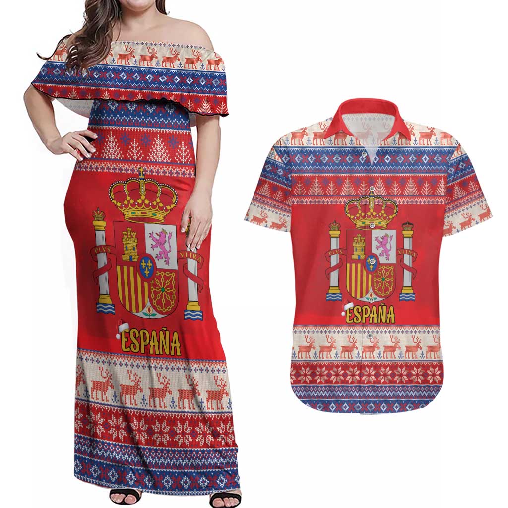 Spain Coat Of Arms Christmas Couples Matching Off Shoulder Maxi Dress and Hawaiian Shirt Feliz Navidad - Wonder Print Shop