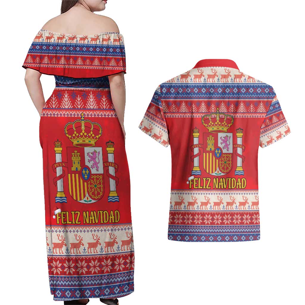Spain Coat Of Arms Christmas Couples Matching Off Shoulder Maxi Dress and Hawaiian Shirt Feliz Navidad - Wonder Print Shop