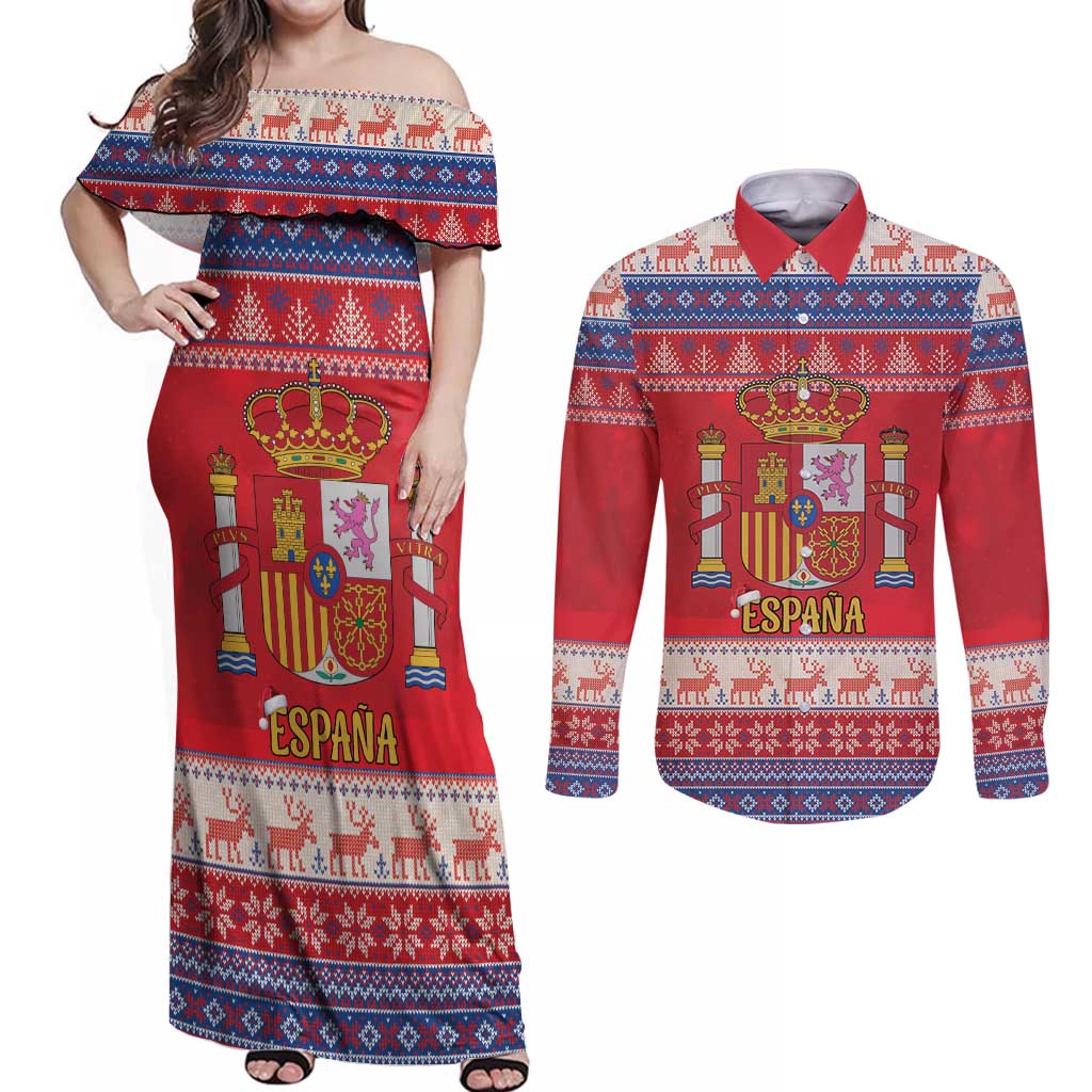 Spain Coat Of Arms Christmas Couples Matching Off Shoulder Maxi Dress and Long Sleeve Button Shirt Feliz Navidad - Wonder Print Shop