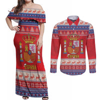 Spain Coat Of Arms Christmas Couples Matching Off Shoulder Maxi Dress and Long Sleeve Button Shirt Feliz Navidad - Wonder Print Shop
