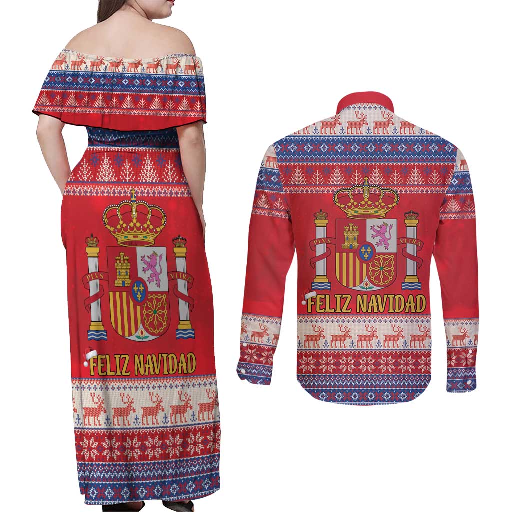 Spain Coat Of Arms Christmas Couples Matching Off Shoulder Maxi Dress and Long Sleeve Button Shirt Feliz Navidad - Wonder Print Shop