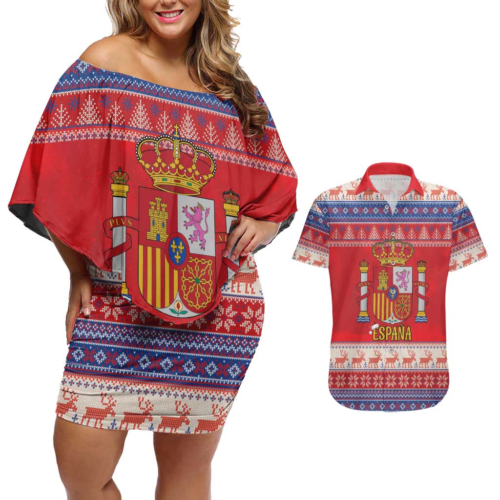 Spain Coat Of Arms Christmas Couples Matching Off Shoulder Short Dress and Hawaiian Shirt Feliz Navidad - Wonder Print Shop