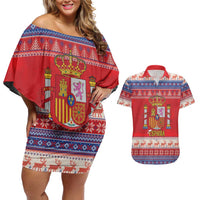 Spain Coat Of Arms Christmas Couples Matching Off Shoulder Short Dress and Hawaiian Shirt Feliz Navidad - Wonder Print Shop
