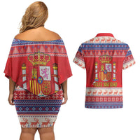 Spain Coat Of Arms Christmas Couples Matching Off Shoulder Short Dress and Hawaiian Shirt Feliz Navidad - Wonder Print Shop