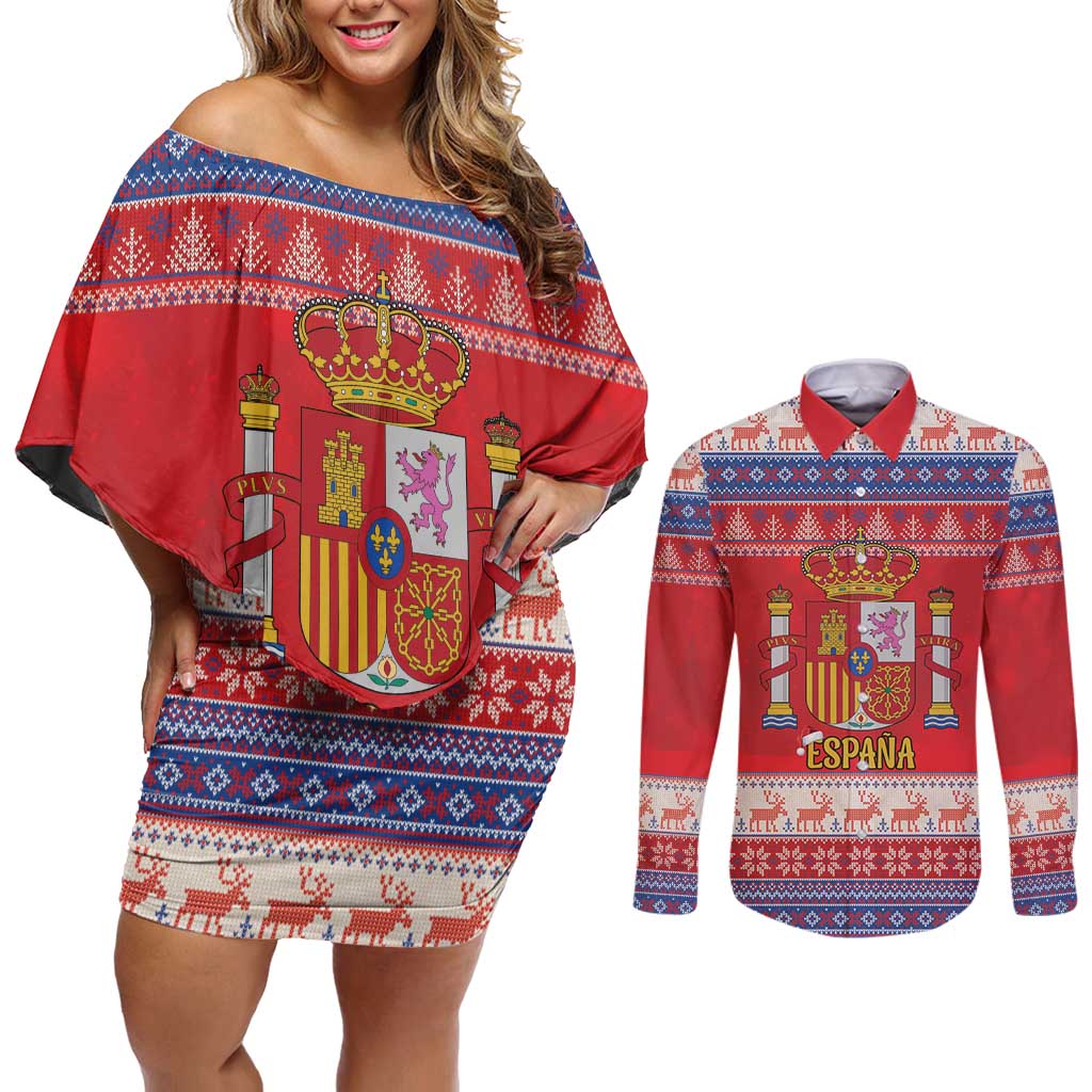 Spain Coat Of Arms Christmas Couples Matching Off Shoulder Short Dress and Long Sleeve Button Shirt Feliz Navidad - Wonder Print Shop
