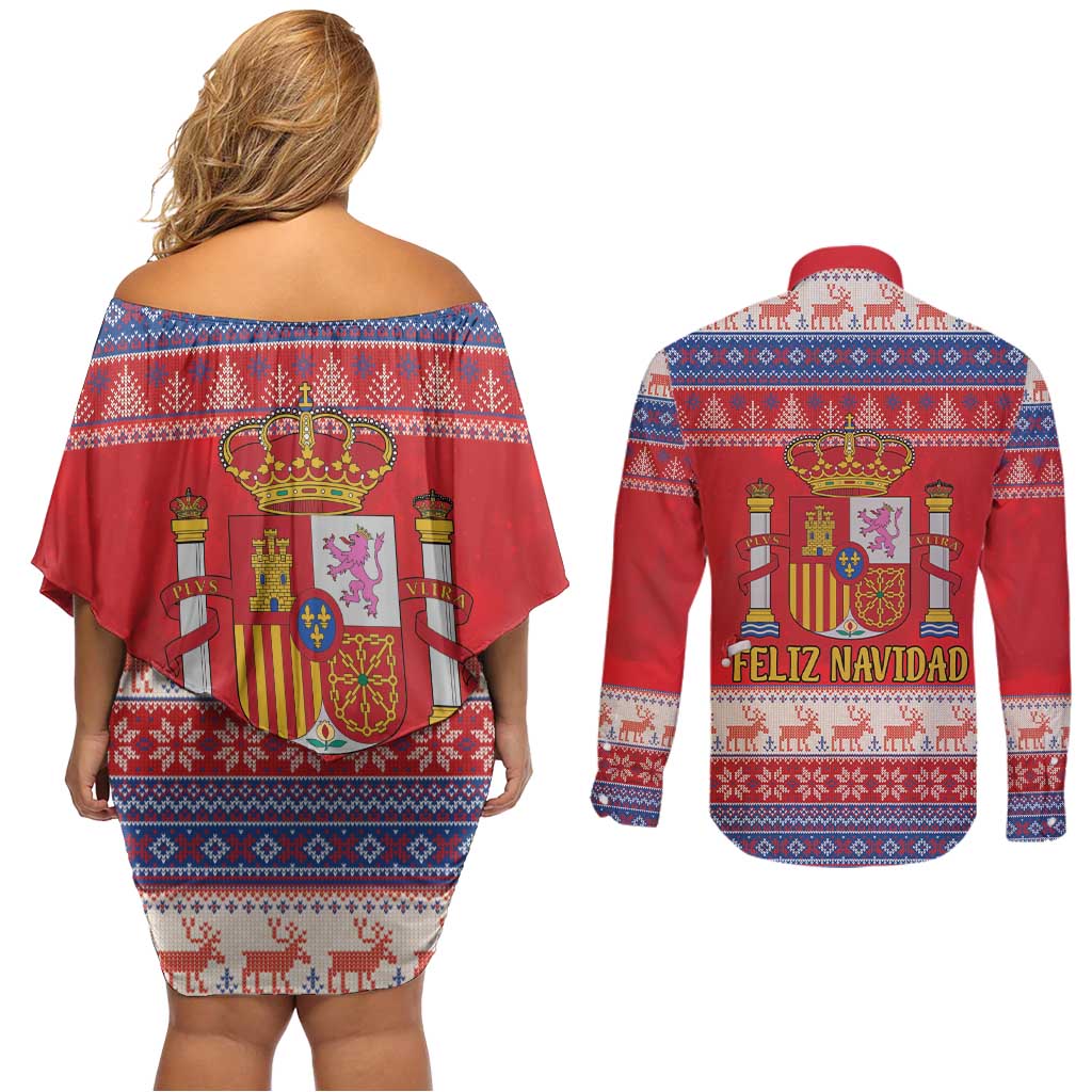 Spain Coat Of Arms Christmas Couples Matching Off Shoulder Short Dress and Long Sleeve Button Shirt Feliz Navidad - Wonder Print Shop