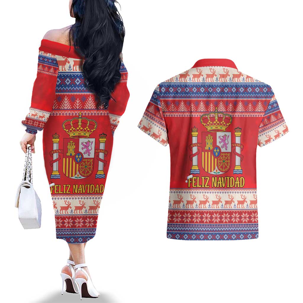 Spain Coat Of Arms Christmas Couples Matching Off The Shoulder Long Sleeve Dress and Hawaiian Shirt Feliz Navidad - Wonder Print Shop