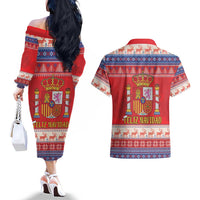 Spain Coat Of Arms Christmas Couples Matching Off The Shoulder Long Sleeve Dress and Hawaiian Shirt Feliz Navidad - Wonder Print Shop