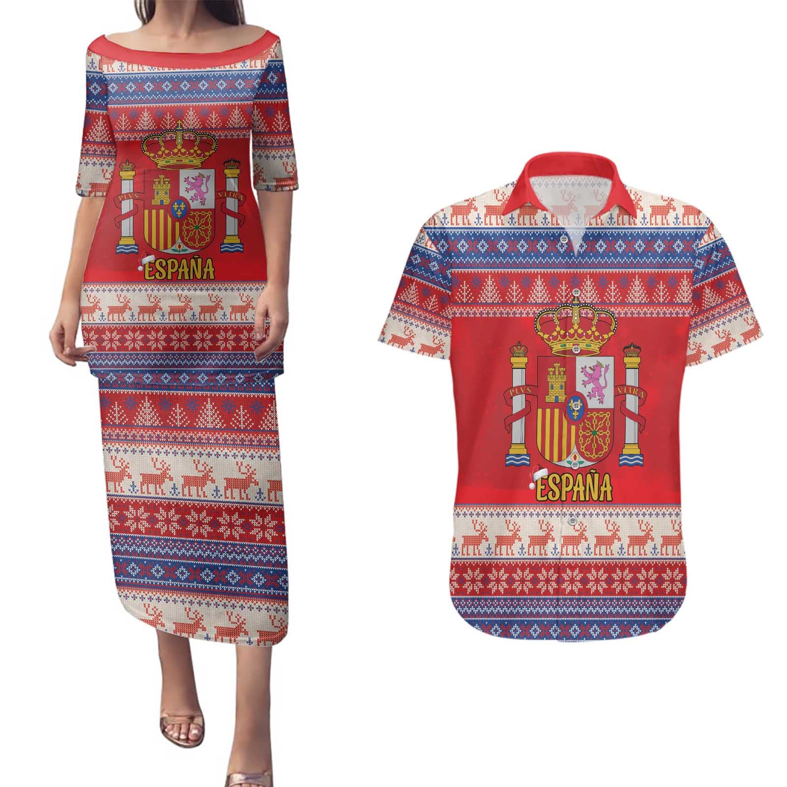 Spain Coat Of Arms Christmas Couples Matching Puletasi and Hawaiian Shirt Feliz Navidad - Wonder Print Shop