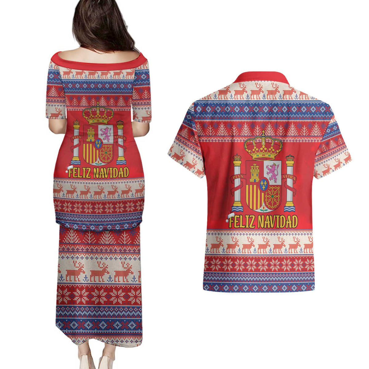 Spain Coat Of Arms Christmas Couples Matching Puletasi and Hawaiian Shirt Feliz Navidad - Wonder Print Shop