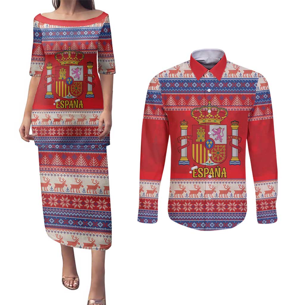 Spain Coat Of Arms Christmas Couples Matching Puletasi and Long Sleeve Button Shirt Feliz Navidad - Wonder Print Shop