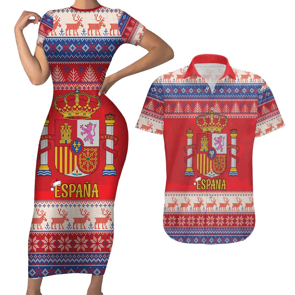 Spain Coat Of Arms Christmas Couples Matching Short Sleeve Bodycon Dress and Hawaiian Shirt Feliz Navidad - Wonder Print Shop