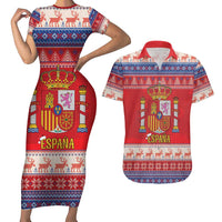 Spain Coat Of Arms Christmas Couples Matching Short Sleeve Bodycon Dress and Hawaiian Shirt Feliz Navidad - Wonder Print Shop