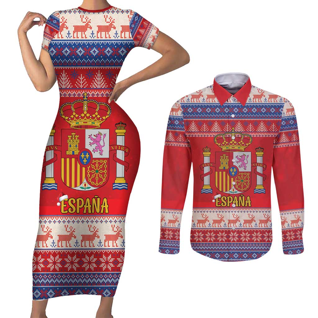Spain Coat Of Arms Christmas Couples Matching Short Sleeve Bodycon Dress and Long Sleeve Button Shirt Feliz Navidad - Wonder Print Shop