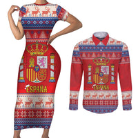 Spain Coat Of Arms Christmas Couples Matching Short Sleeve Bodycon Dress and Long Sleeve Button Shirt Feliz Navidad - Wonder Print Shop