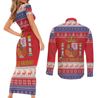 Spain Coat Of Arms Christmas Couples Matching Short Sleeve Bodycon Dress and Long Sleeve Button Shirt Feliz Navidad - Wonder Print Shop