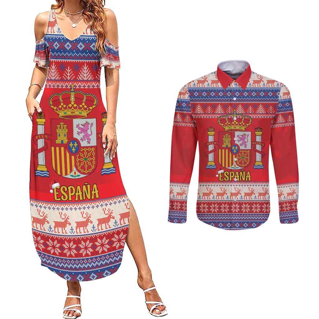 Spain Coat Of Arms Christmas Couples Matching Summer Maxi Dress and Long Sleeve Button Shirt Feliz Navidad - Wonder Print Shop