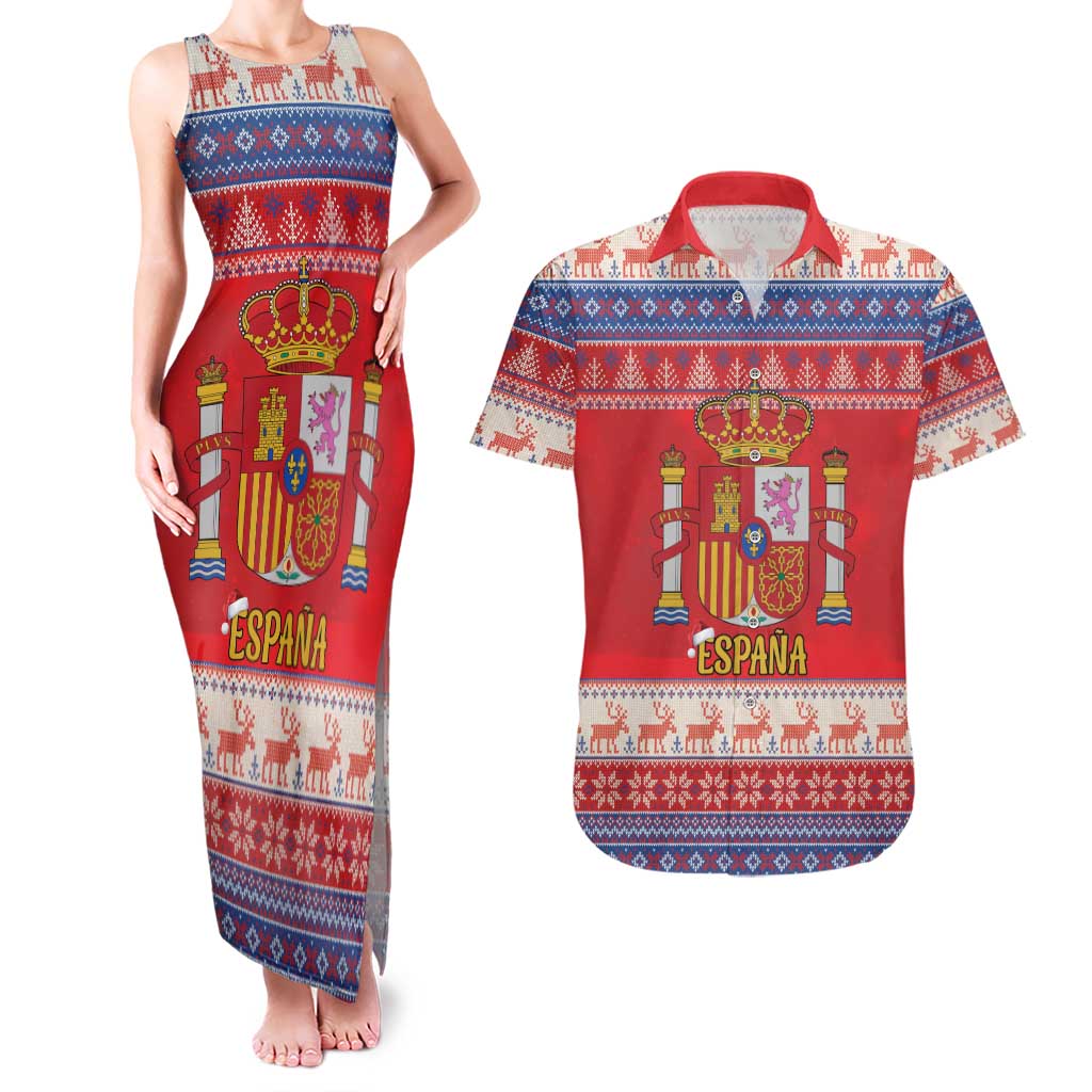 Spain Coat Of Arms Christmas Couples Matching Tank Maxi Dress and Hawaiian Shirt Feliz Navidad - Wonder Print Shop
