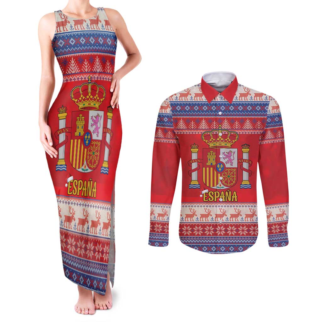 Spain Coat Of Arms Christmas Couples Matching Tank Maxi Dress and Long Sleeve Button Shirt Feliz Navidad - Wonder Print Shop