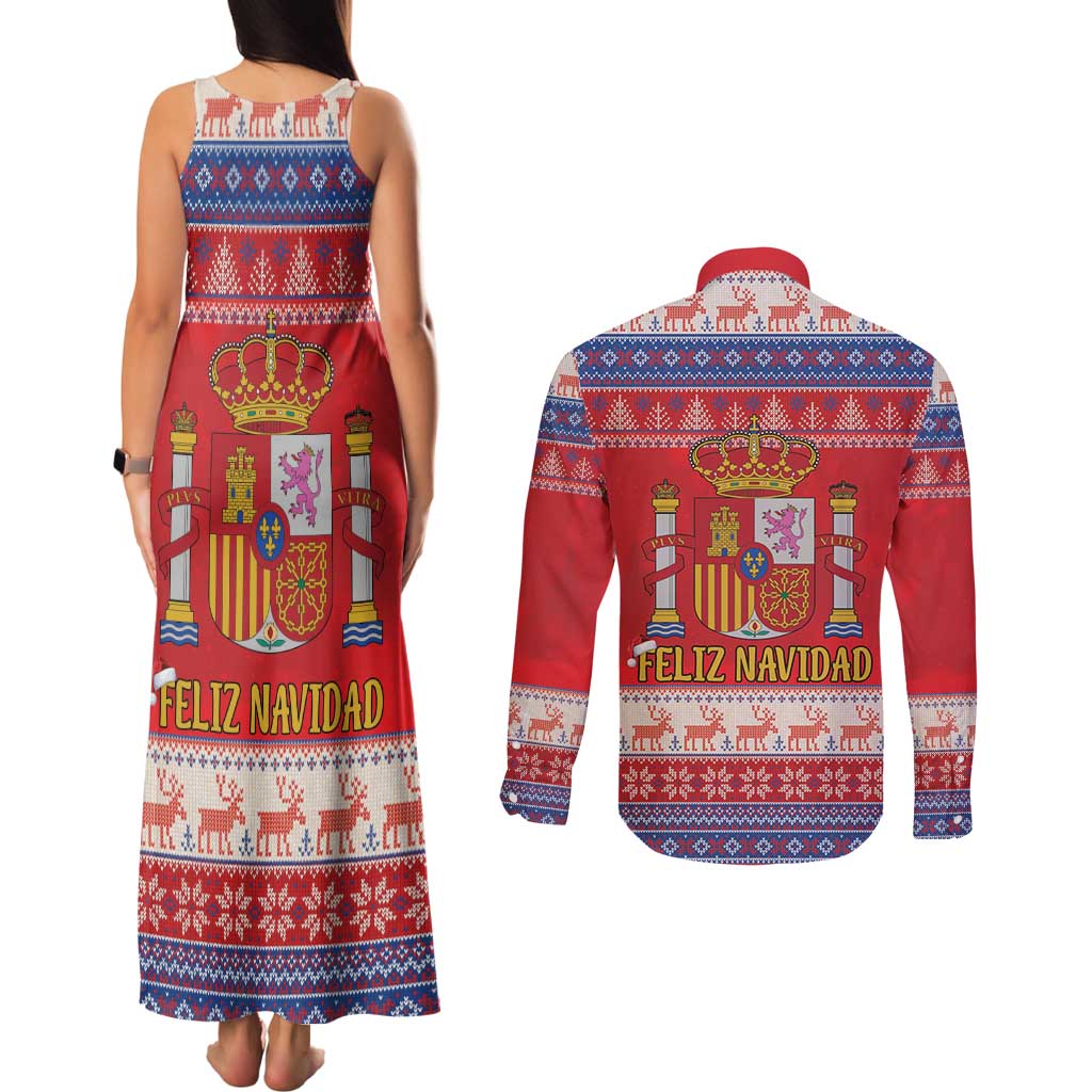 Spain Coat Of Arms Christmas Couples Matching Tank Maxi Dress and Long Sleeve Button Shirt Feliz Navidad - Wonder Print Shop