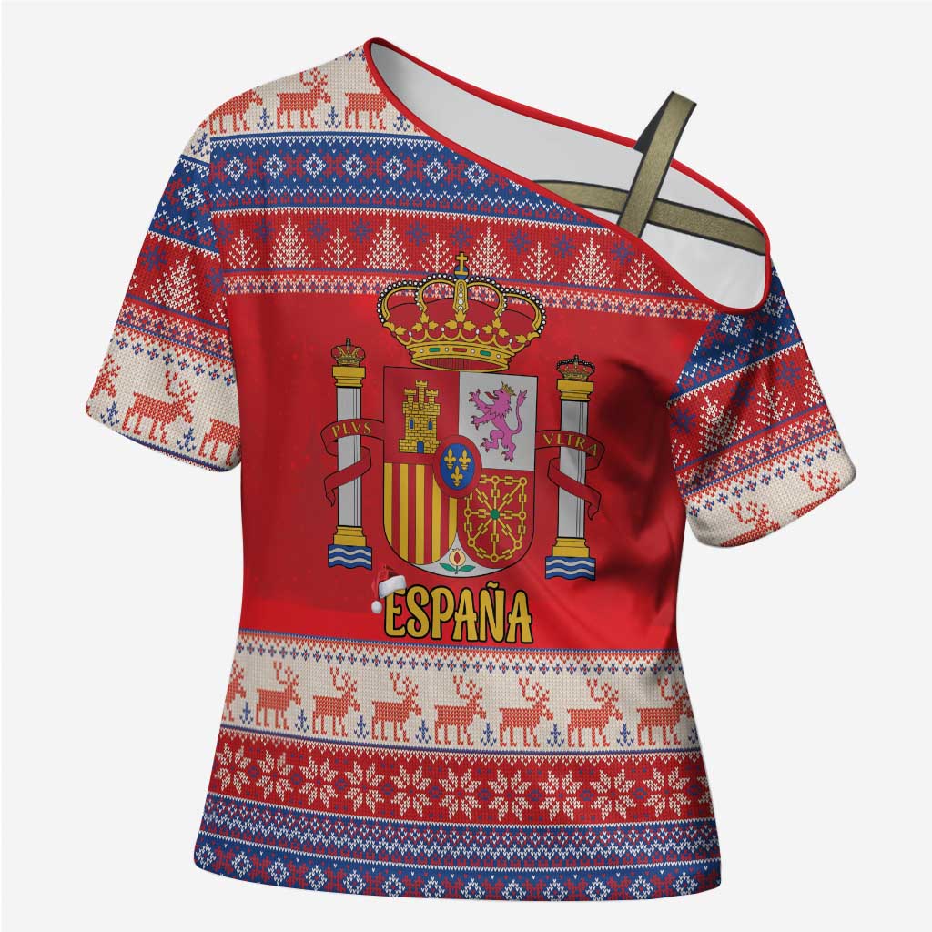 Spain Coat Of Arms Christmas Cross Shoulder Shirt Feliz Navidad - Wonder Print Shop