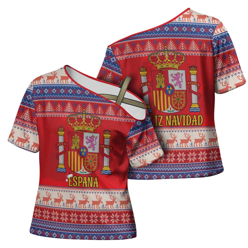 Spain Coat Of Arms Christmas Cross Shoulder Shirt Feliz Navidad - Wonder Print Shop