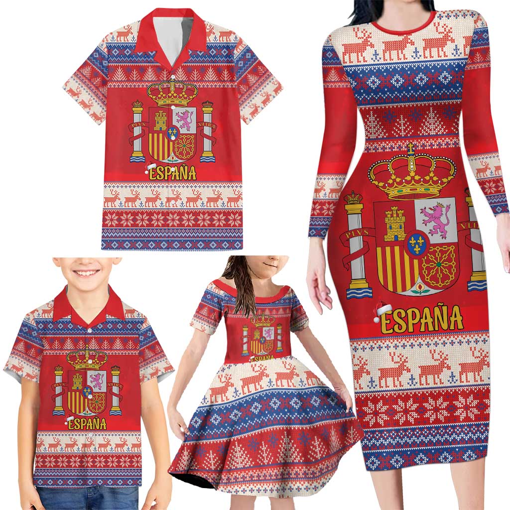 Spain Coat Of Arms Christmas Family Matching Long Sleeve Bodycon Dress and Hawaiian Shirt Feliz Navidad - Wonder Print Shop