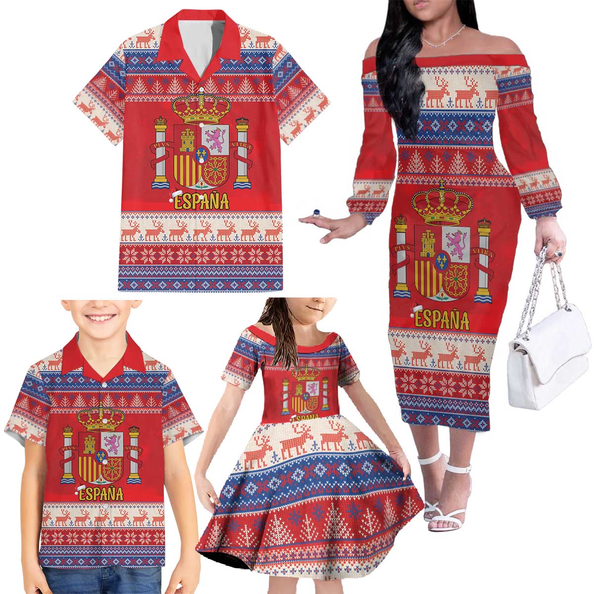 Spain Coat Of Arms Christmas Family Matching Off The Shoulder Long Sleeve Dress and Hawaiian Shirt Feliz Navidad - Wonder Print Shop