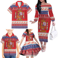 Spain Coat Of Arms Christmas Family Matching Off The Shoulder Long Sleeve Dress and Hawaiian Shirt Feliz Navidad - Wonder Print Shop