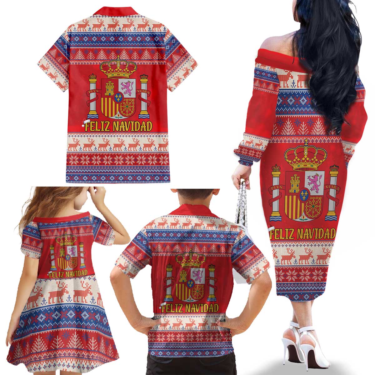 Spain Coat Of Arms Christmas Family Matching Off The Shoulder Long Sleeve Dress and Hawaiian Shirt Feliz Navidad - Wonder Print Shop