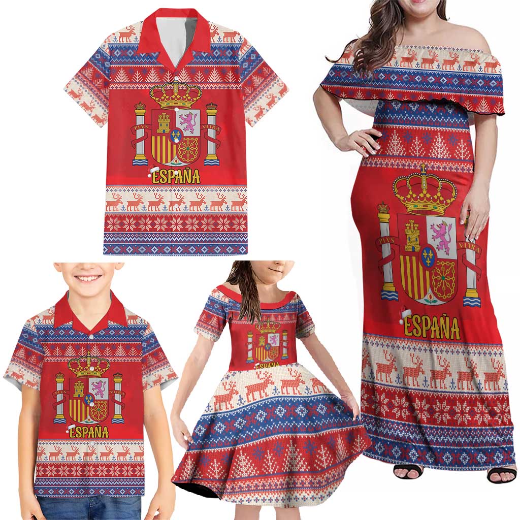 Spain Coat Of Arms Christmas Family Matching Off Shoulder Maxi Dress and Hawaiian Shirt Feliz Navidad - Wonder Print Shop
