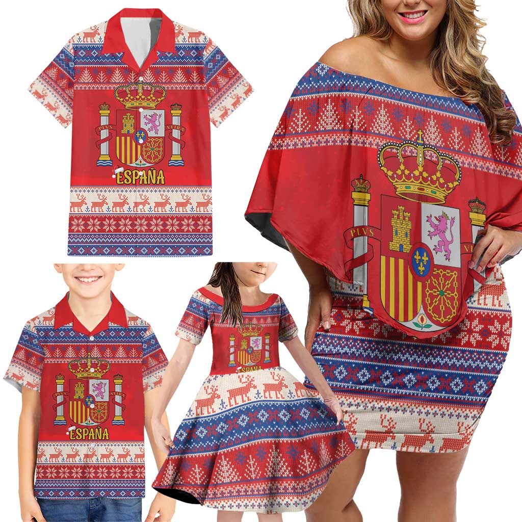 Spain Coat Of Arms Christmas Family Matching Off Shoulder Short Dress and Hawaiian Shirt Feliz Navidad - Wonder Print Shop
