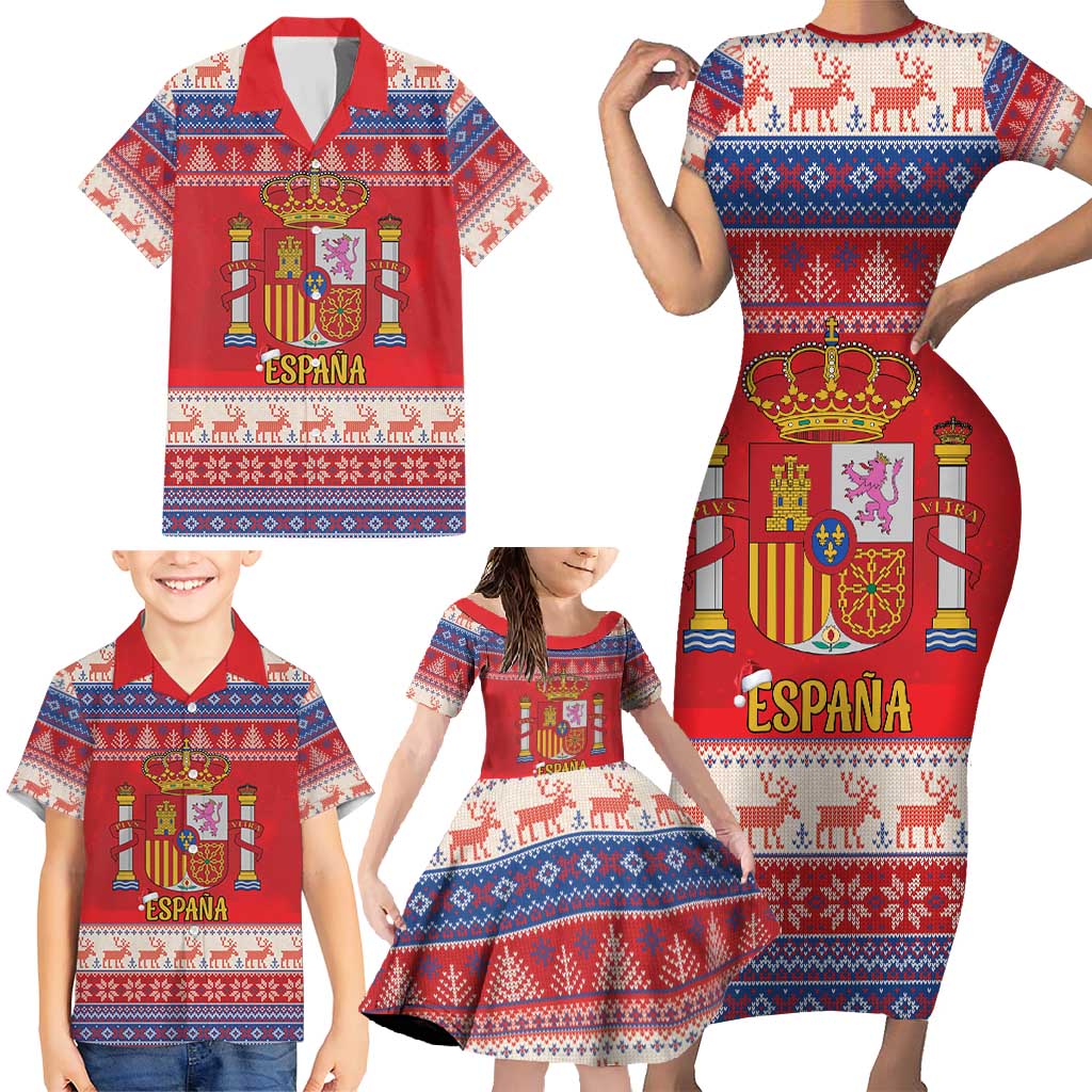 Spain Coat Of Arms Christmas Family Matching Short Sleeve Bodycon Dress and Hawaiian Shirt Feliz Navidad - Wonder Print Shop