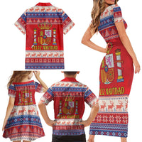Spain Coat Of Arms Christmas Family Matching Short Sleeve Bodycon Dress and Hawaiian Shirt Feliz Navidad - Wonder Print Shop