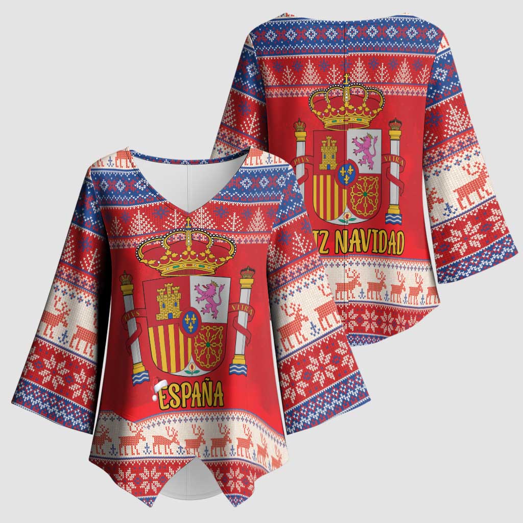 Spain Coat Of Arms Christmas Kimono Sleeve Blouse Feliz Navidad - Wonder Print Shop
