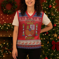 Spain Coat Of Arms Christmas Knitted V-Neck Vest Feliz Navidad - Wonder Print Shop