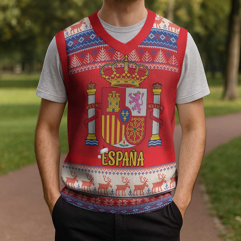 Spain Coat Of Arms Christmas Knitted V-Neck Vest Feliz Navidad - Wonder Print Shop