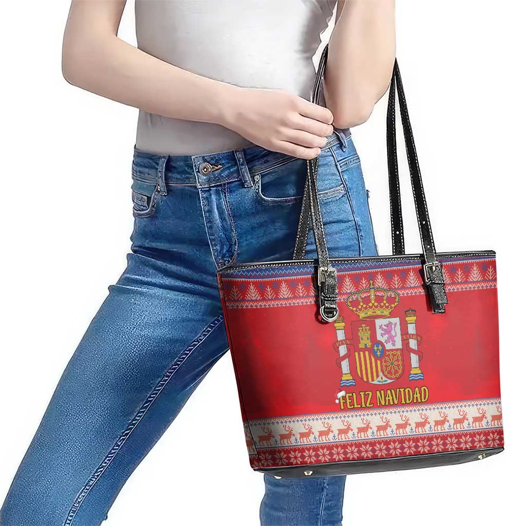 Spain Coat Of Arms Christmas Leather Tote Bag Feliz Navidad - Wonder Print Shop