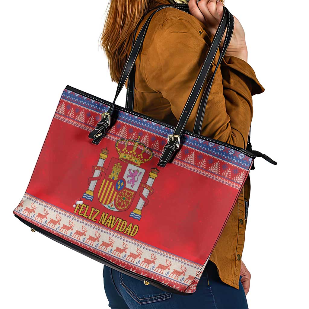 Spain Coat Of Arms Christmas Leather Tote Bag Feliz Navidad - Wonder Print Shop