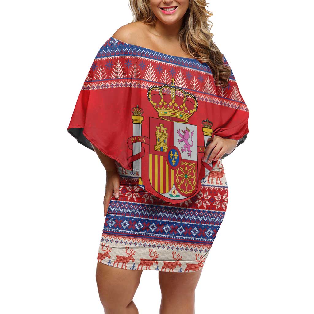 Spain Coat Of Arms Christmas Off Shoulder Short Dress Feliz Navidad - Wonder Print Shop
