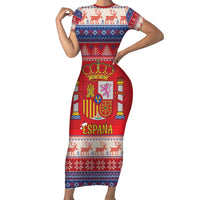 Spain Coat Of Arms Christmas Short Sleeve Bodycon Dress Feliz Navidad - Wonder Print Shop