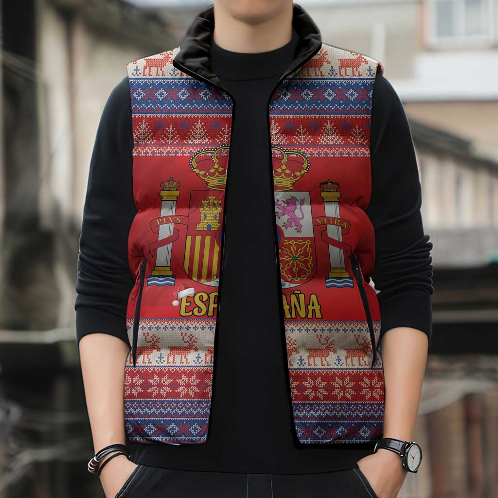 Spain Coat Of Arms Christmas Sleeveless Puffer Jacket Feliz Navidad - Wonder Print Shop